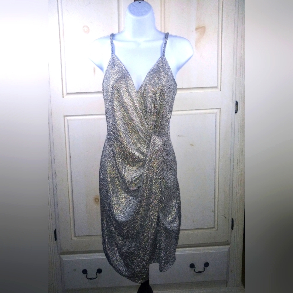 Trixxi Juniors Knot-Front Metallic Surplice-Kneck Dress